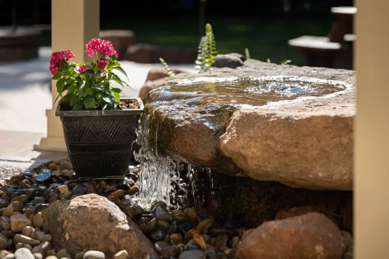 Pondless water feature in a landscaped backyard